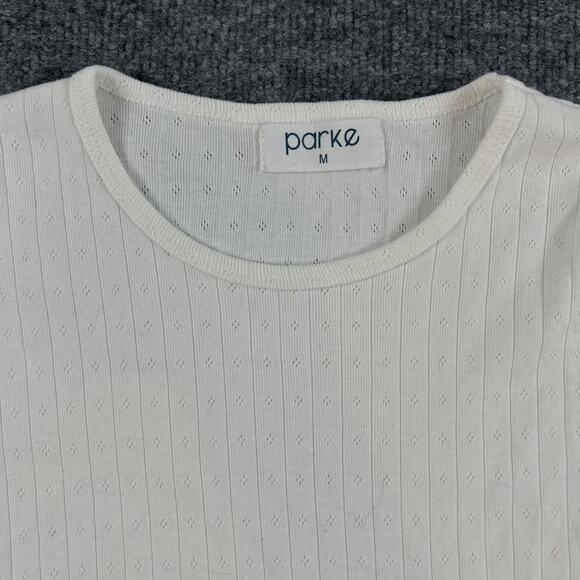 Parke Top Womens Medium Baby Tee White Ribbed Pointelle Knit Minimalist Comfy - Picture 5 of 10
